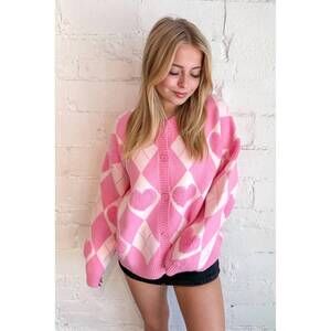 NEW ADELINE heart detail argyle cardigan in pink